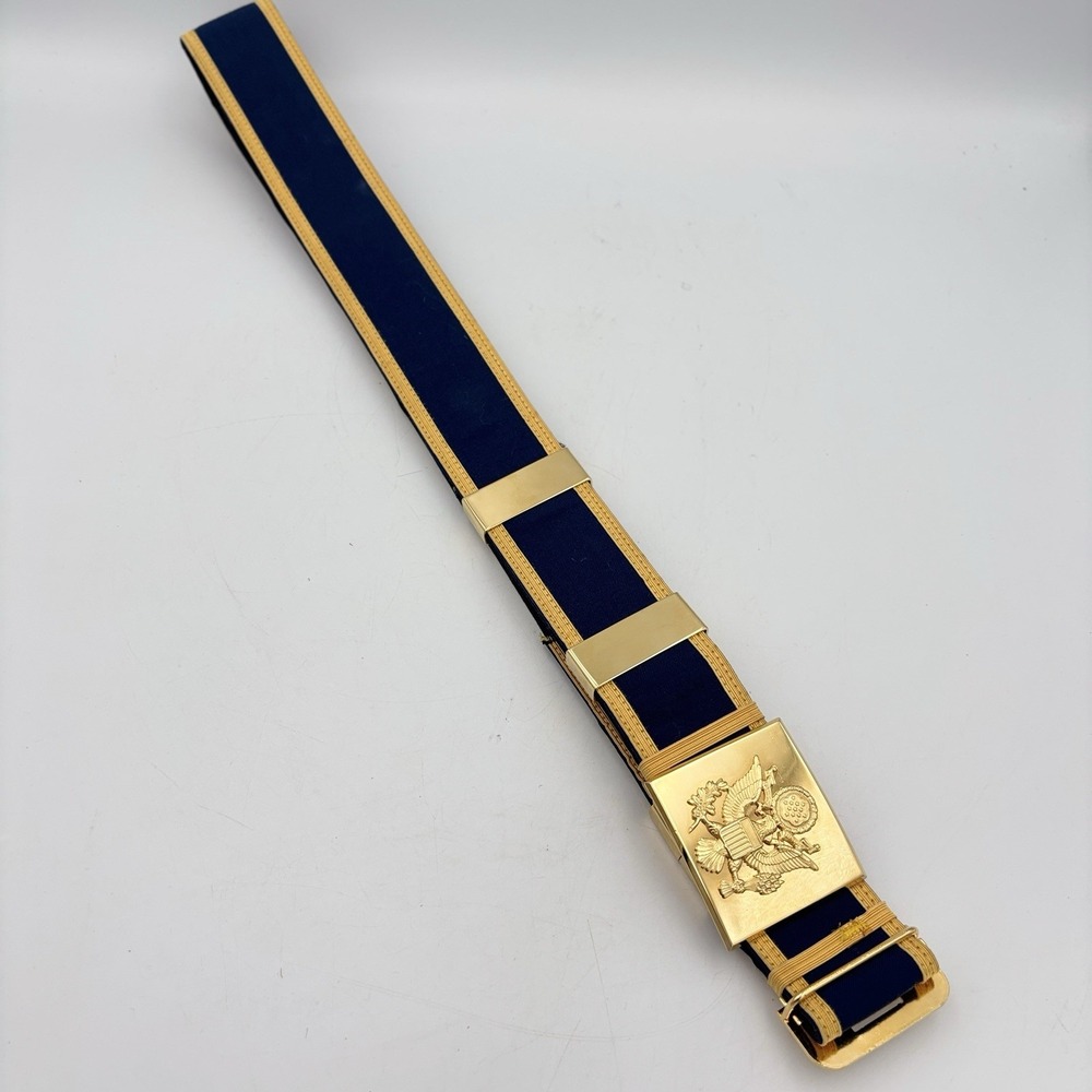 US Army Dress Belt Mens One Size Blue Gold Buckle Leather Ceremonial Uniform